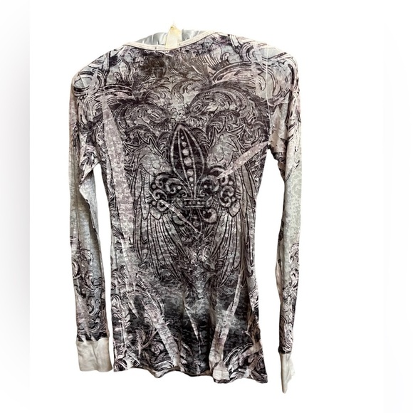 PARTY Sheer Women’s Fleur De Lis Rhinestone Burnout Long Sleeve Top Goth Concert - Picture 15 of 17